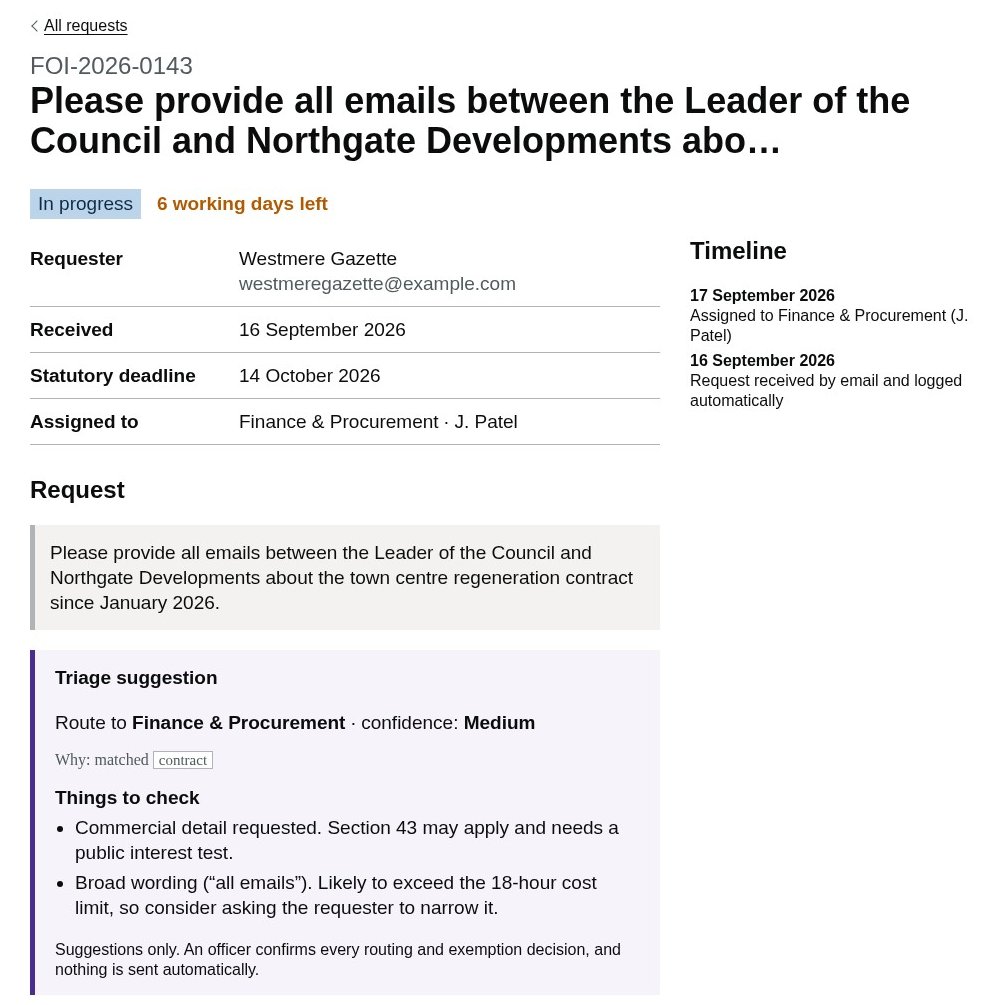 FOI case page with triage suggestion