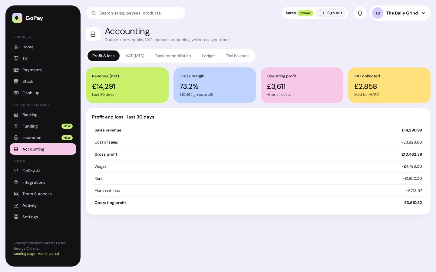 GoPay accounting page with profit and loss for the last 30 days