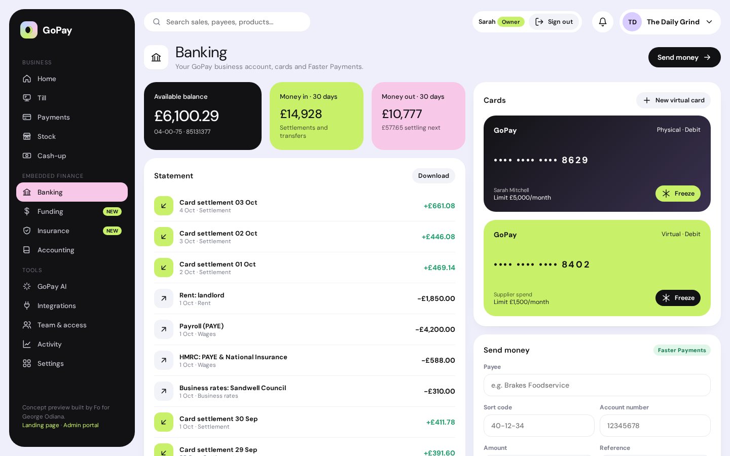 GoPay banking page with balance, statement, cards and send money