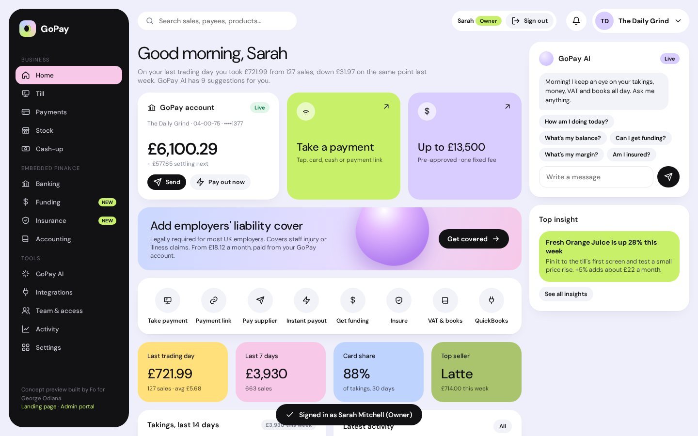 GoPay business portal home for a café