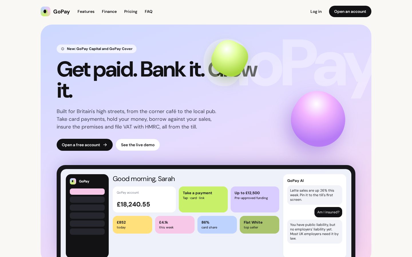 GoPay landing page: Get paid. Bank it. Grow it.