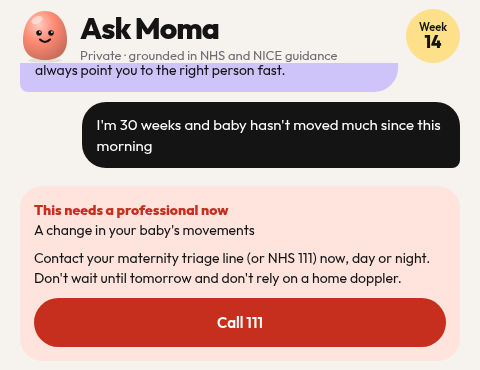 Reduced movements flagged with a call-now card