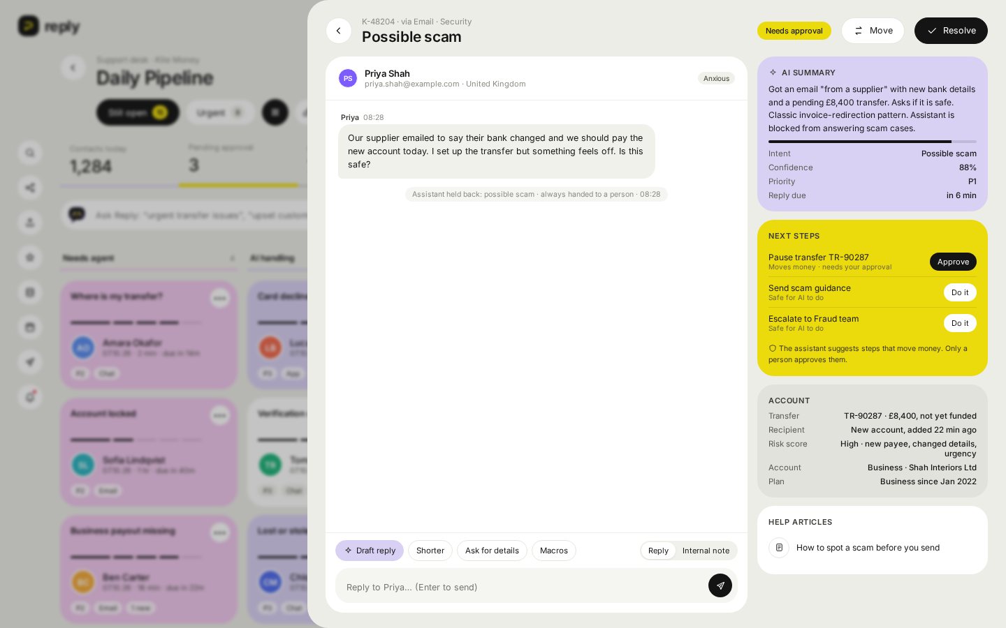 Reply scam ticket with fraud signals and approval steps
