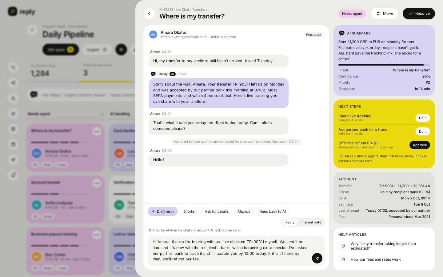 Reply ticket workspace with AI summary and draft reply