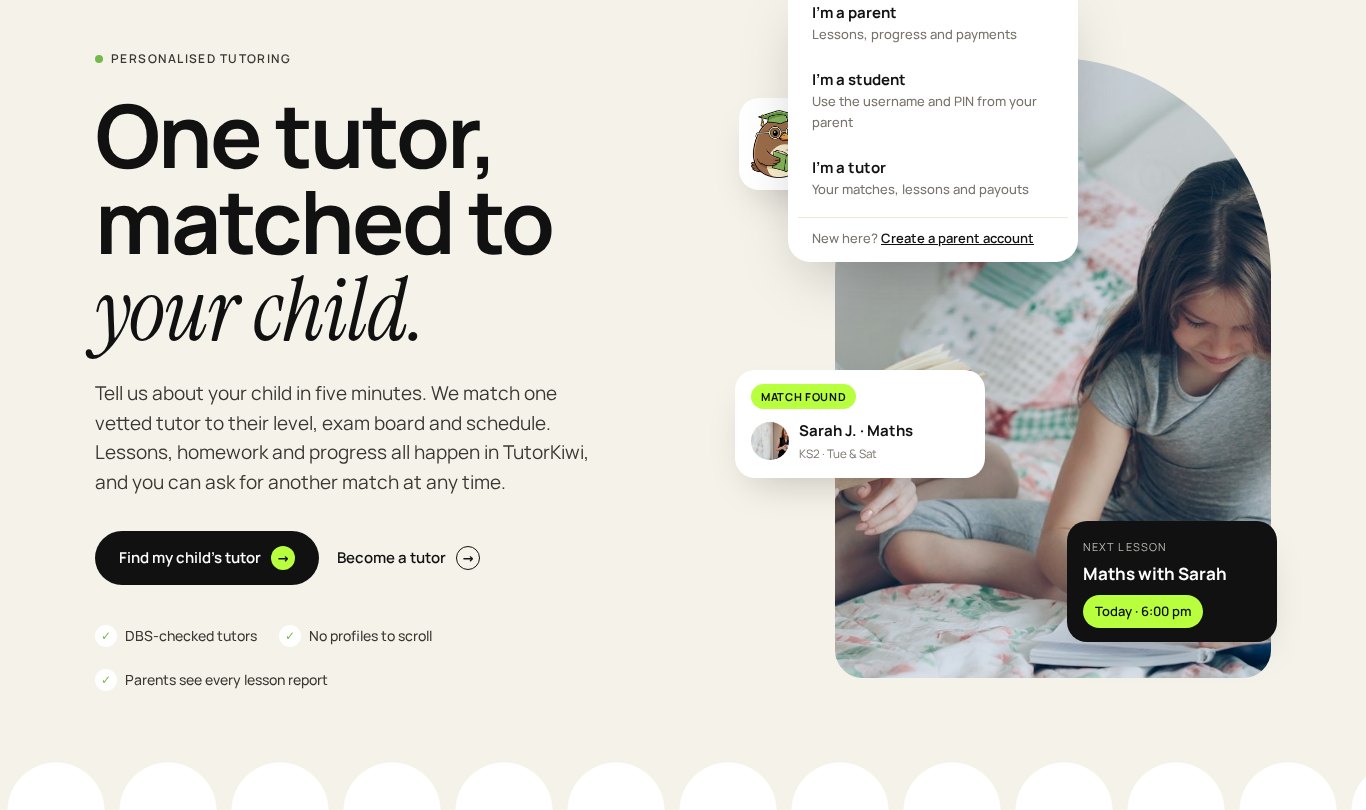TutorKiwi homepage with the sign-in menu open