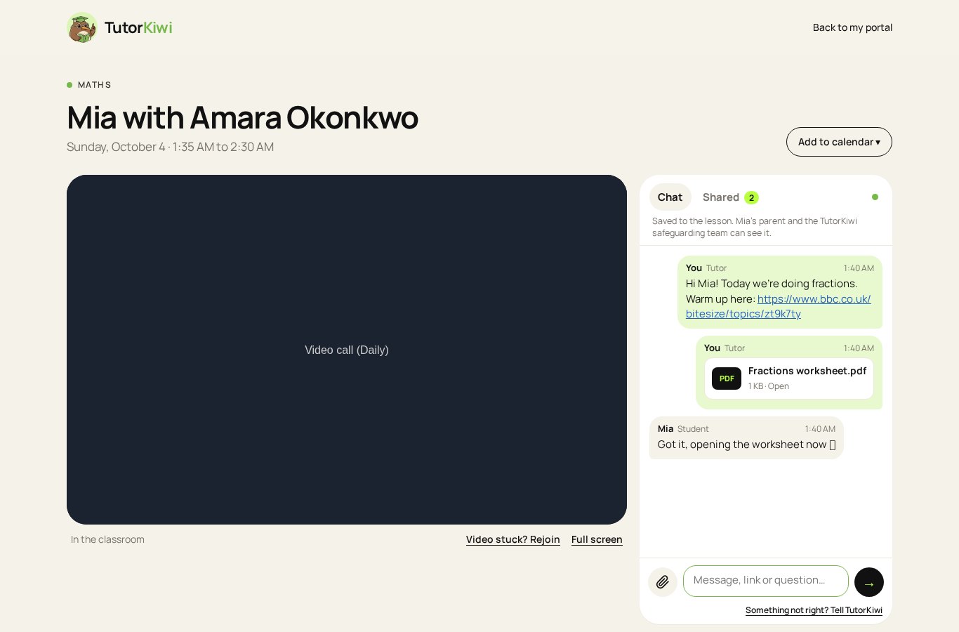 Lesson classroom with video area and in-lesson chat with a shared worksheet